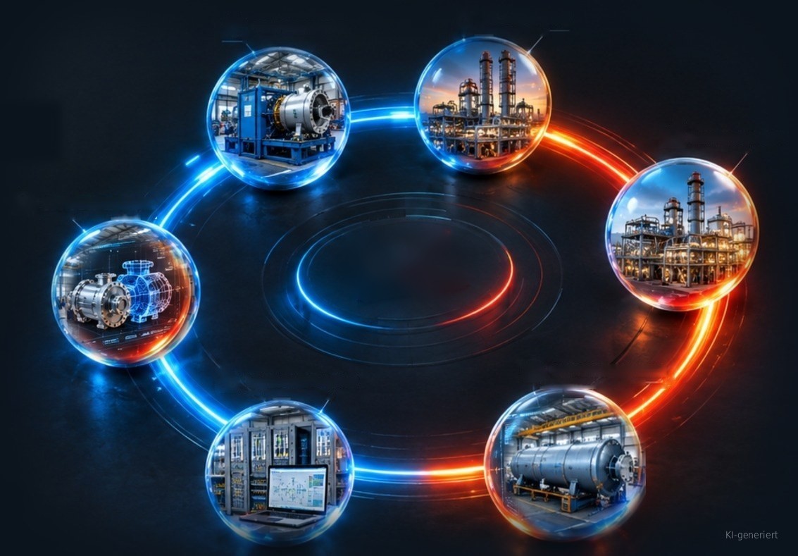 KI-generierte Darstellung der Leistungsbereiche der L+K Anlagentechnik im Orbit: Prüfstandsbau, Öl & Gas (API), Bestandsanlagen & Obsolete Komponenten, Reverse Engineering & Engineering, Downloads & MSR, Gruppe & Fertigung