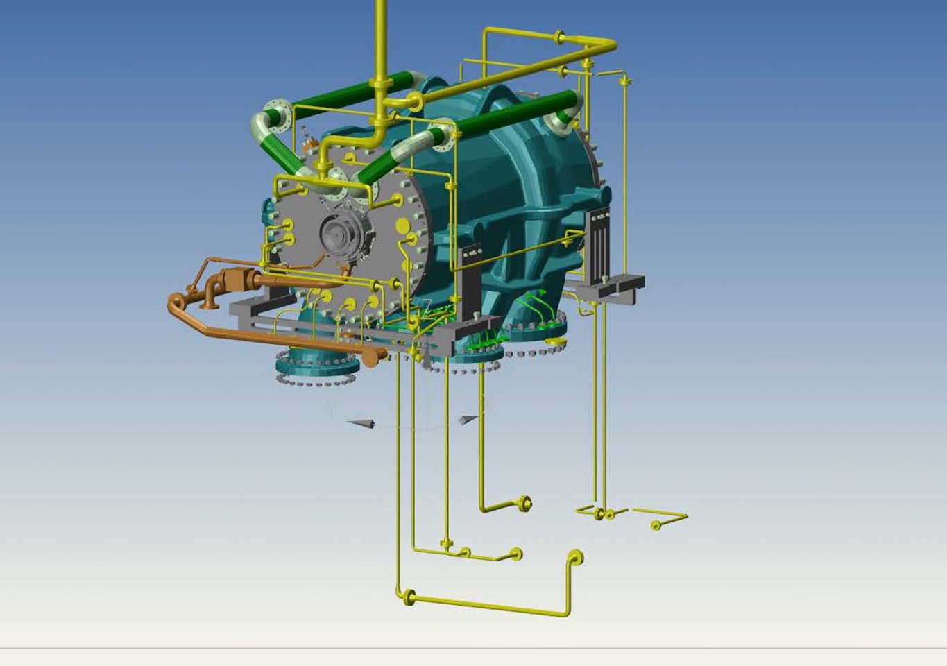 3D-Modell eines Maschinenmoduls mit Rohrleitungsführung
