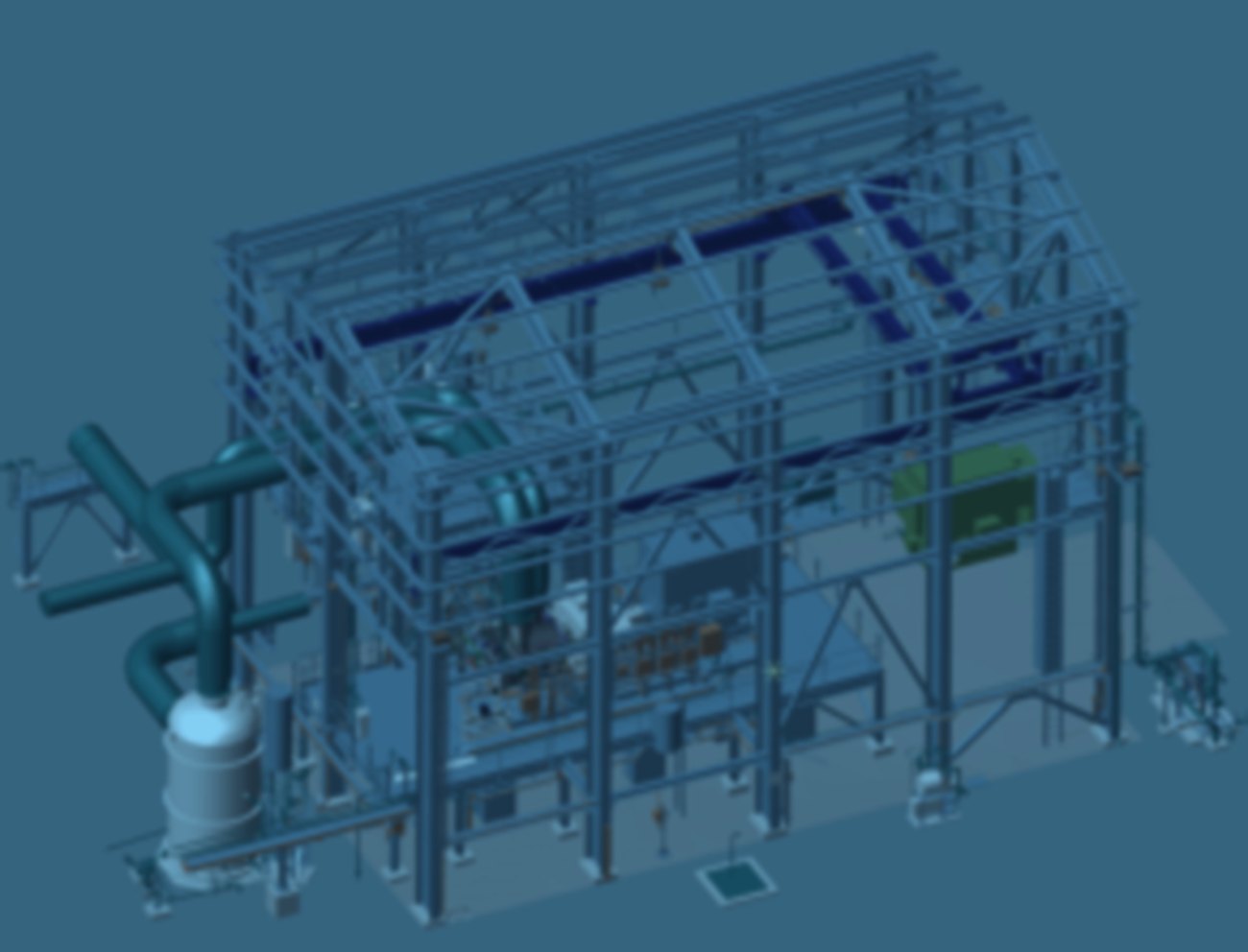 Verfremdete Ansicht eines 3D-Anlagenmodells mit Stahl- und Rohrleitungsbau